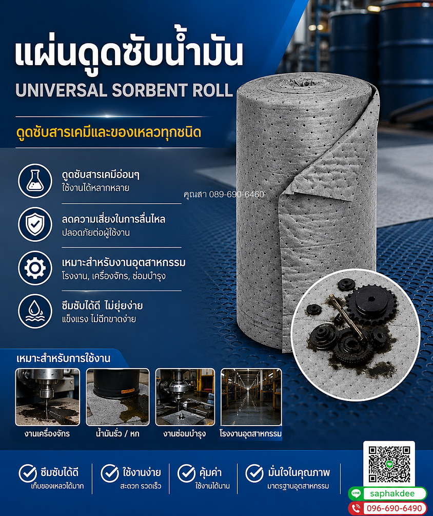 แผ่่นดูดซับน้ำมันและสารเคมีรวมถึงของเหลวทุกชนิด แบบม้วน Universal Rols